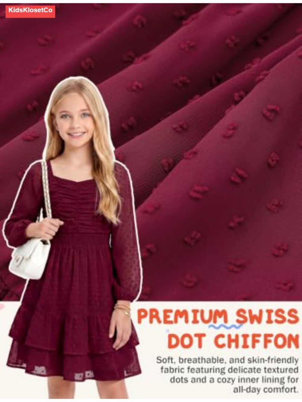 Girls Swiss Dot Chiffon Dress Long Sleeve A-Line Ruffle Casual Party - Picture 3 of 6